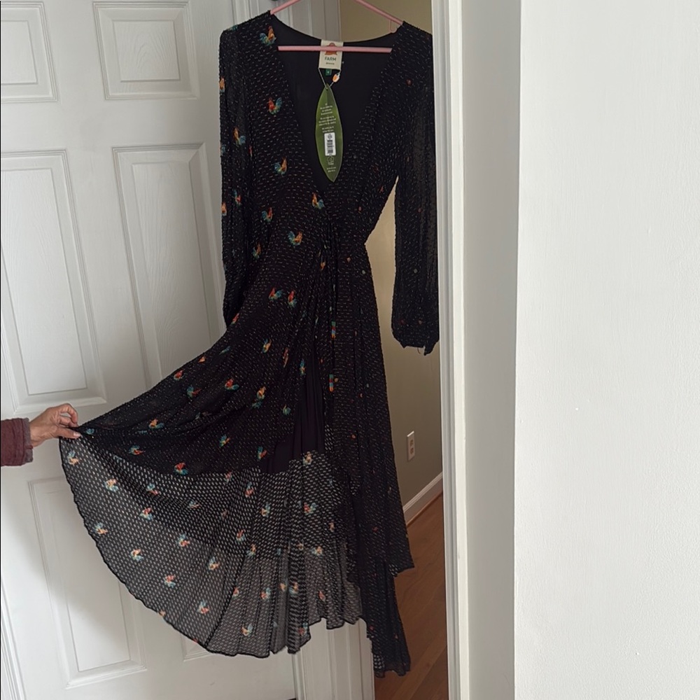 FARM Rio Black and White Pleated Sundress with Bishop Sleeves